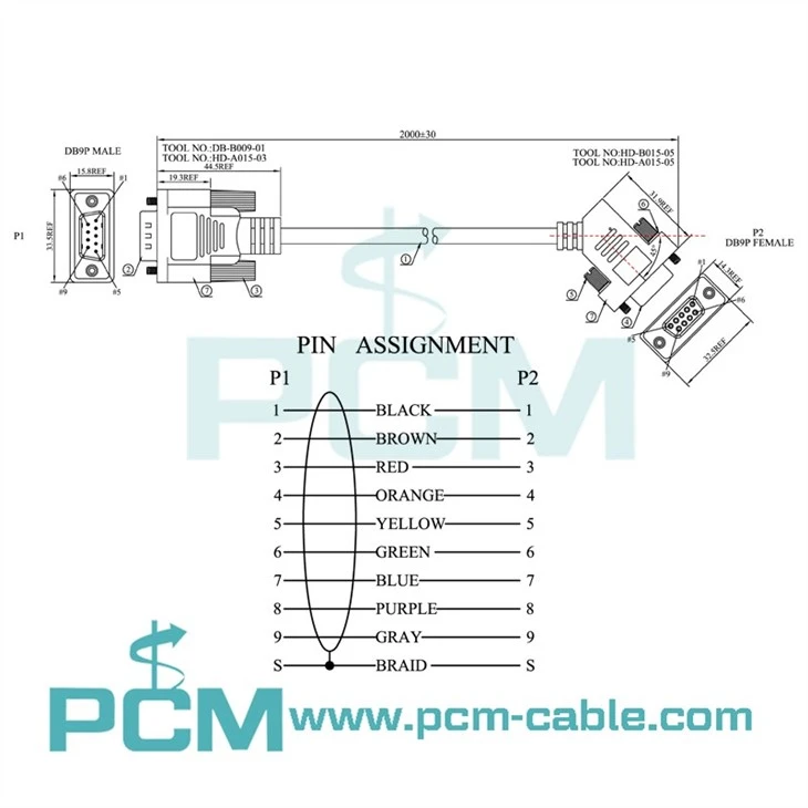 drawing of Industrial DB9 Angled Cable for Control Cabinet Wiring