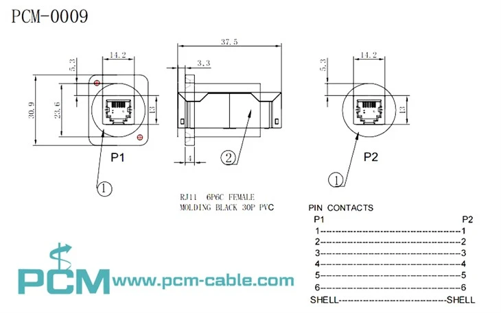 6P6C RJ11 D-type chassis mount connector